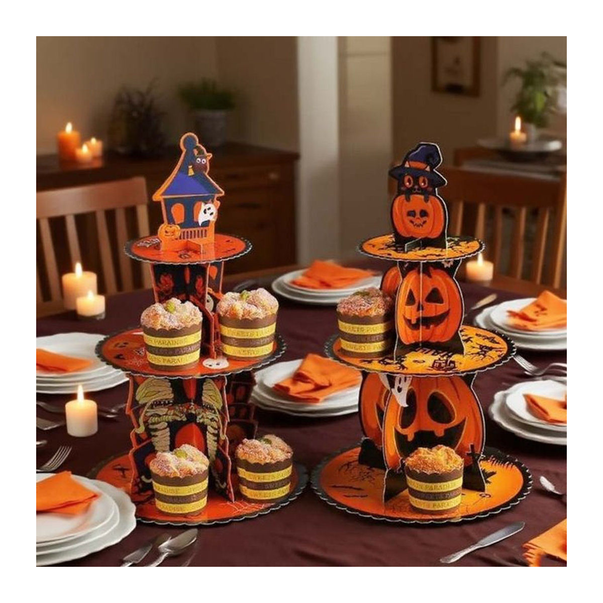 Halloween Kuchenständer aus Papier in Orange für Party und Tischdekoration - Bild 1