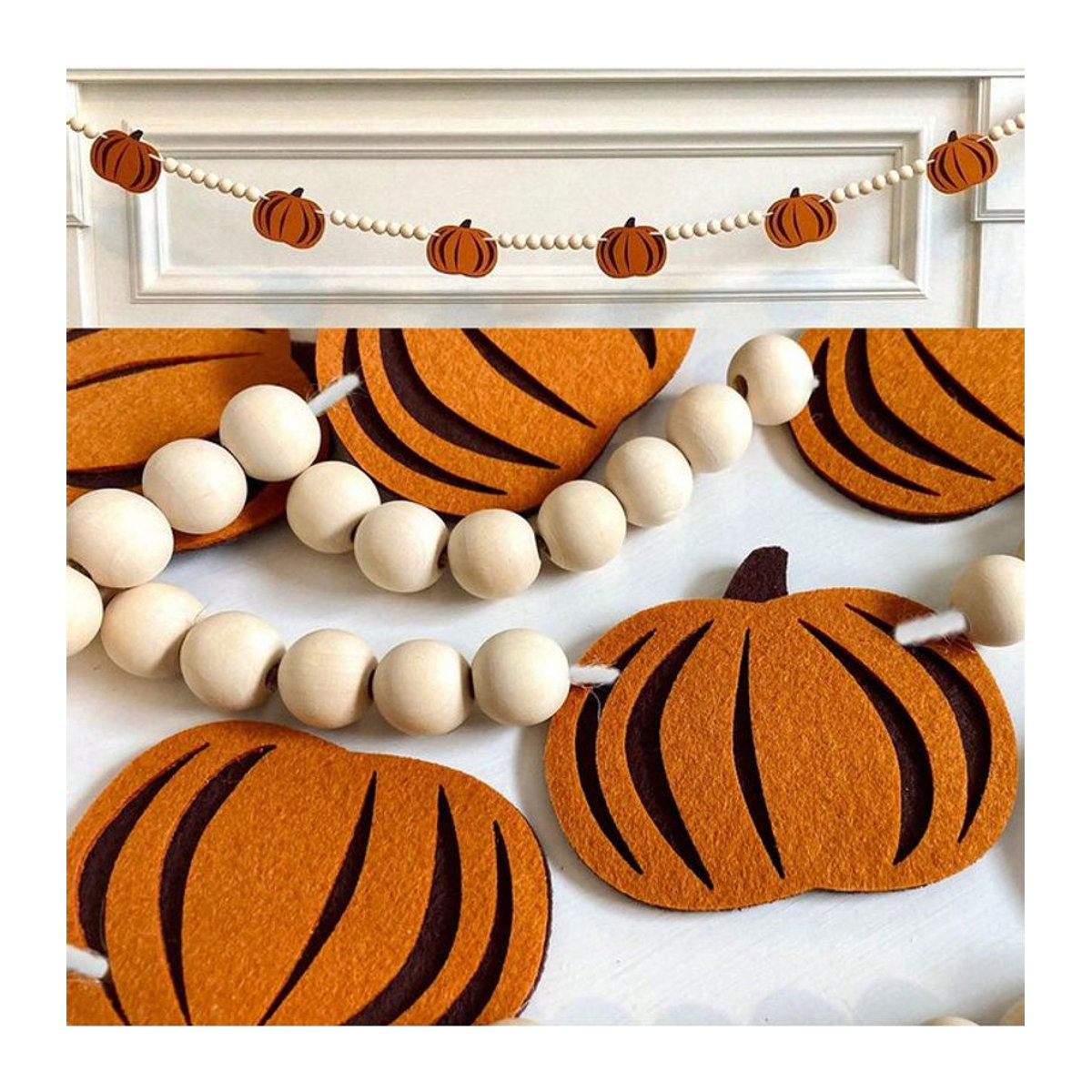 Halloween Kürbis Girlande aus Filz und Holzperlen in Orange für Thanksgiving und Wohnkultur - Bild 1