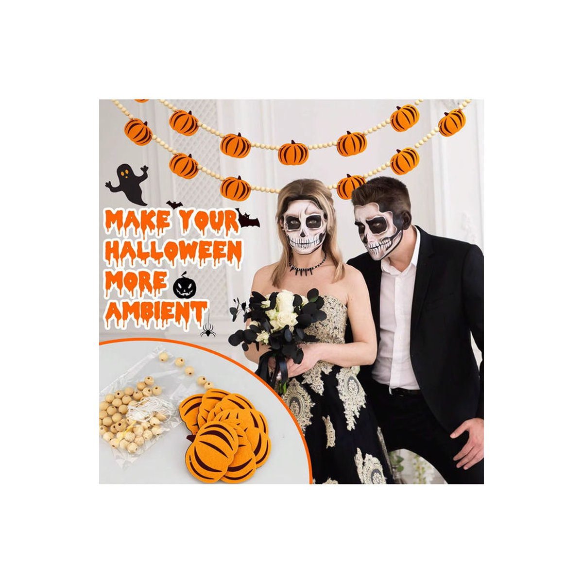 Halloween Kürbis Girlande aus Filz und Holzperlen in Orange für Thanksgiving und Wohnkultur - Bild 5