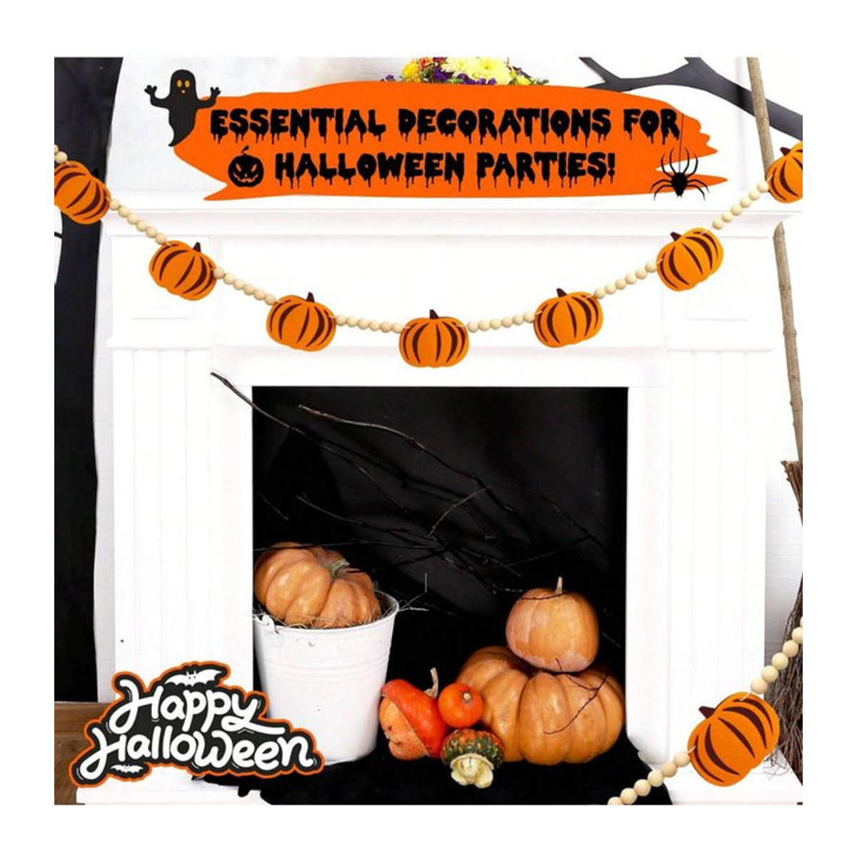 Halloween-Kürbis-Girlande aus Holzperlen und Filz in Orange als herbstliche Wanddekoration für dein Zuhause - Bild 1