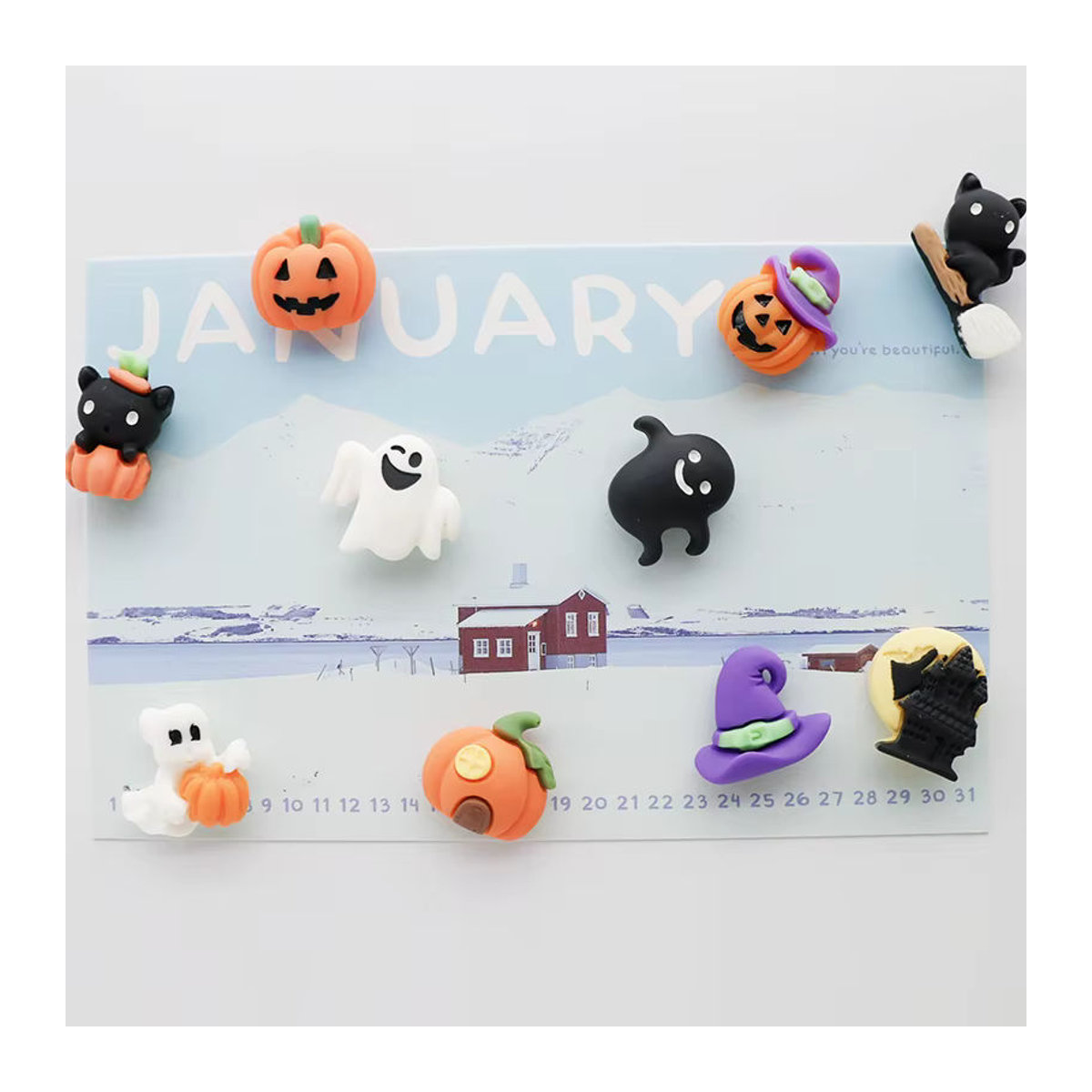 Halloween Magnetische Aufkleber und Haken aus Kunstharz in Mehrfarbig mit Motiven wie Kürbis, Geist und Schwarzer Katze zur DIY Dekoration - Bild 2