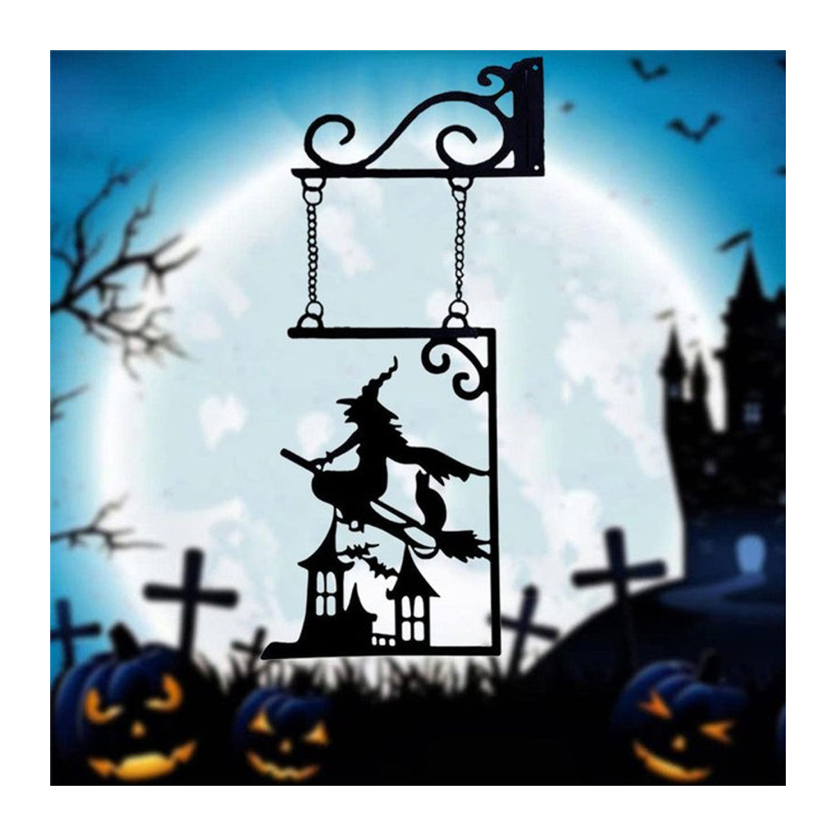 Halloween Metallschild Hexe Silhouette in Schwarz als hängende Wanddekoration - Bild 1
