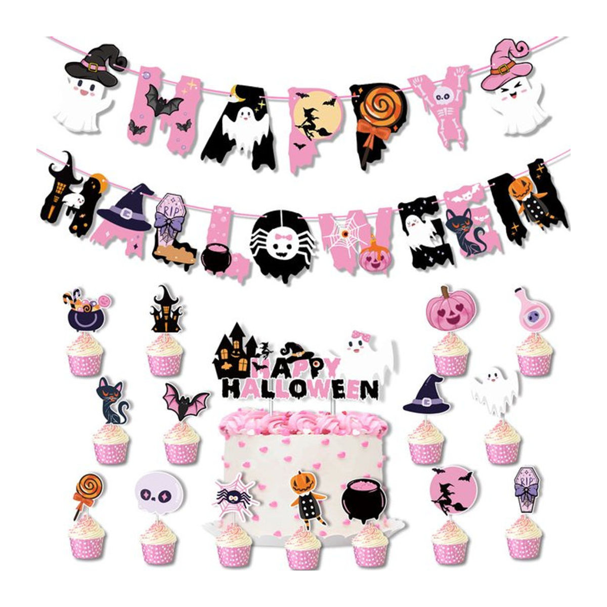 Halloween Party Girlande aus Papier mit Geist, Fledermaus und Spinne in Mehrfarbig zur Dekoration - Bild 1