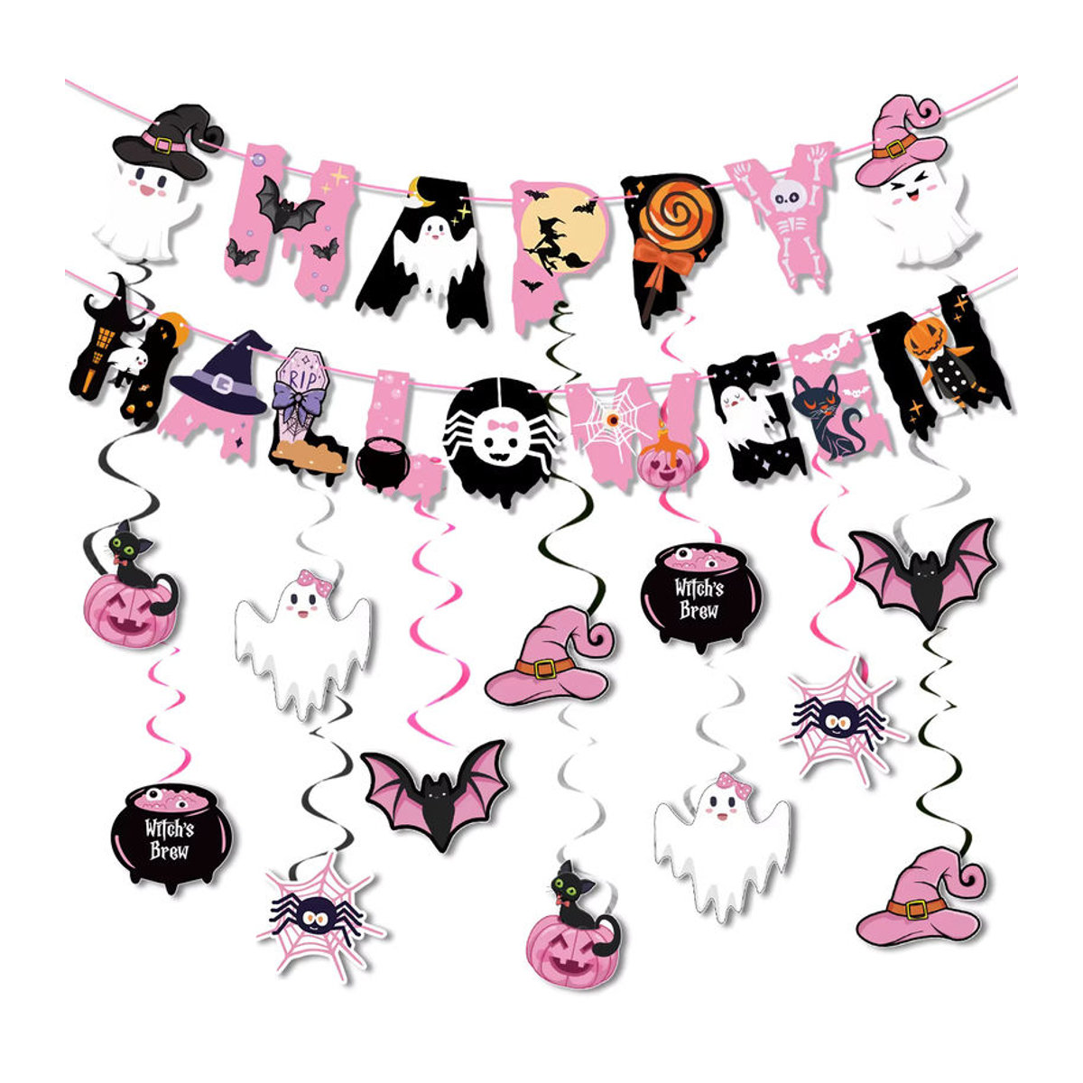 Halloween Party Girlande aus Papier mit Geist, Fledermaus und Spinne in Mehrfarbig zur Dekoration - Bild 2