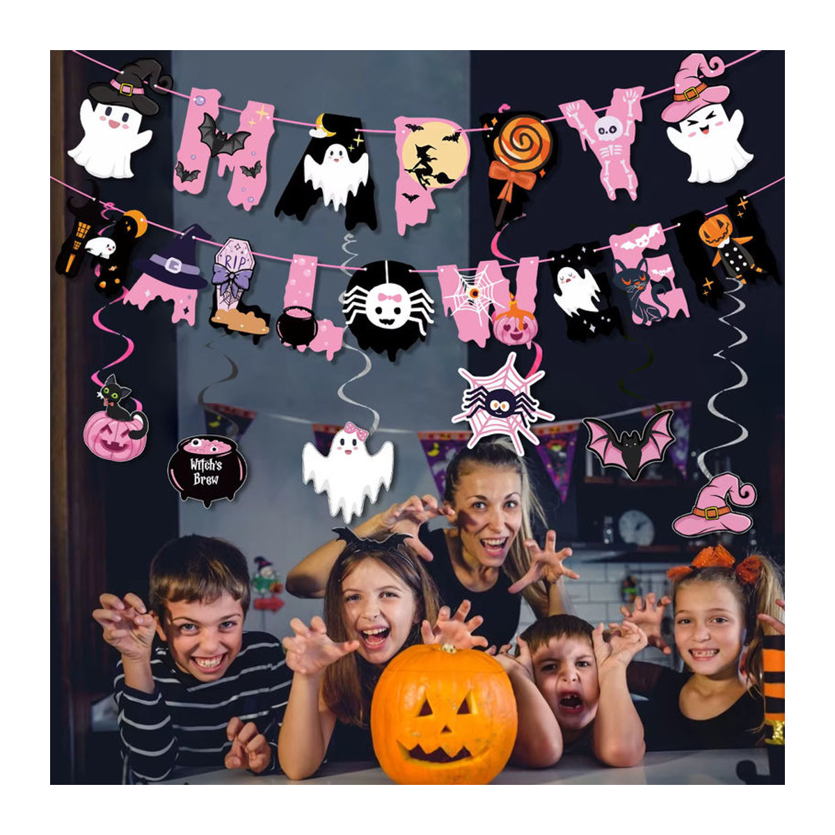 Halloween Party Girlande aus Papier mit Geist, Fledermaus und Spinne in Mehrfarbig zur Dekoration - Bild 3
