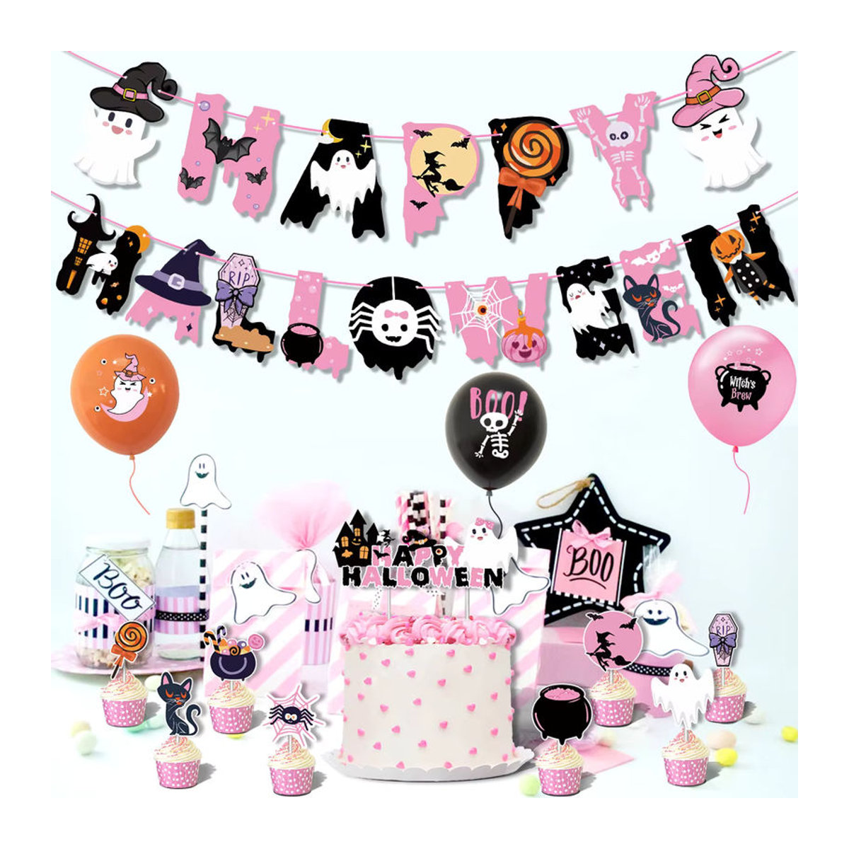 Halloween Party Girlande aus Papier mit Geist, Fledermaus und Spinne in Mehrfarbig zur Dekoration - Bild 4