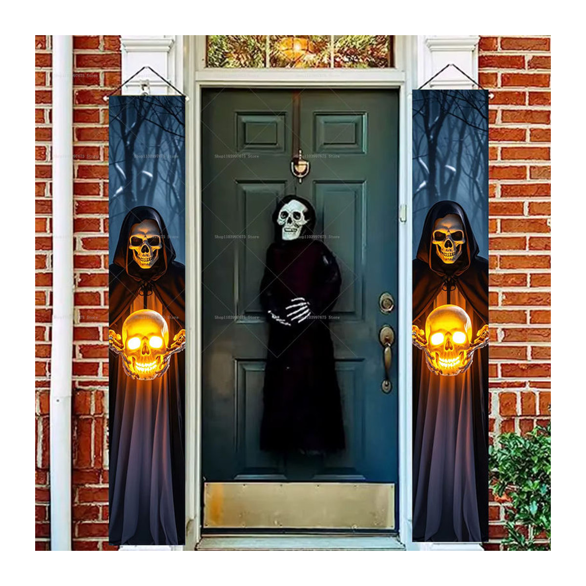 Halloween Sensenmann und Schädel Banner aus Textil für die Dekoration von Tür und Veranda, mehrfarbig, H x B: 180 x 30 cm - Bild 1