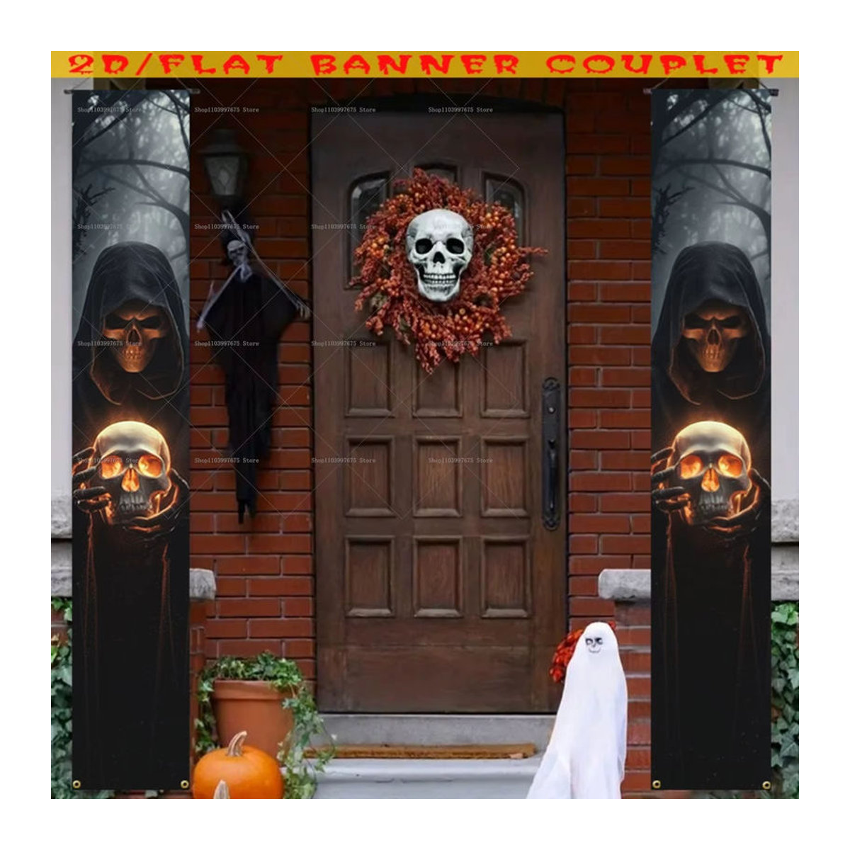 Halloween Sensenmann und Schädel Banner aus Textil für die Dekoration von Tür und Veranda, mehrfarbig, H x B: 180 x 30 cm - Bild 2