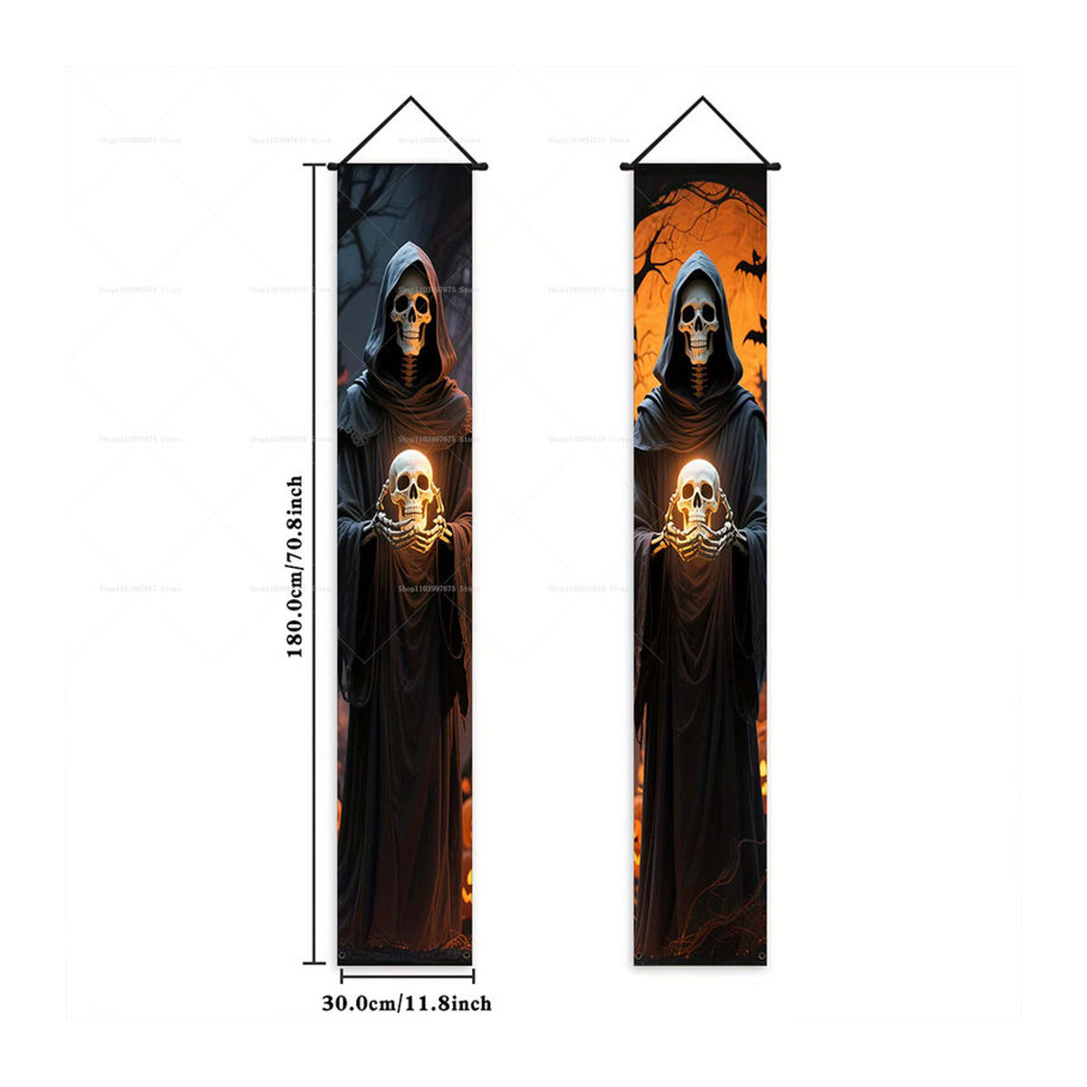 Halloween Sensenmann und Schädel Banner aus Textil für die Dekoration von Tür und Veranda, mehrfarbig, H x B: 180 x 30 cm - Bild 3