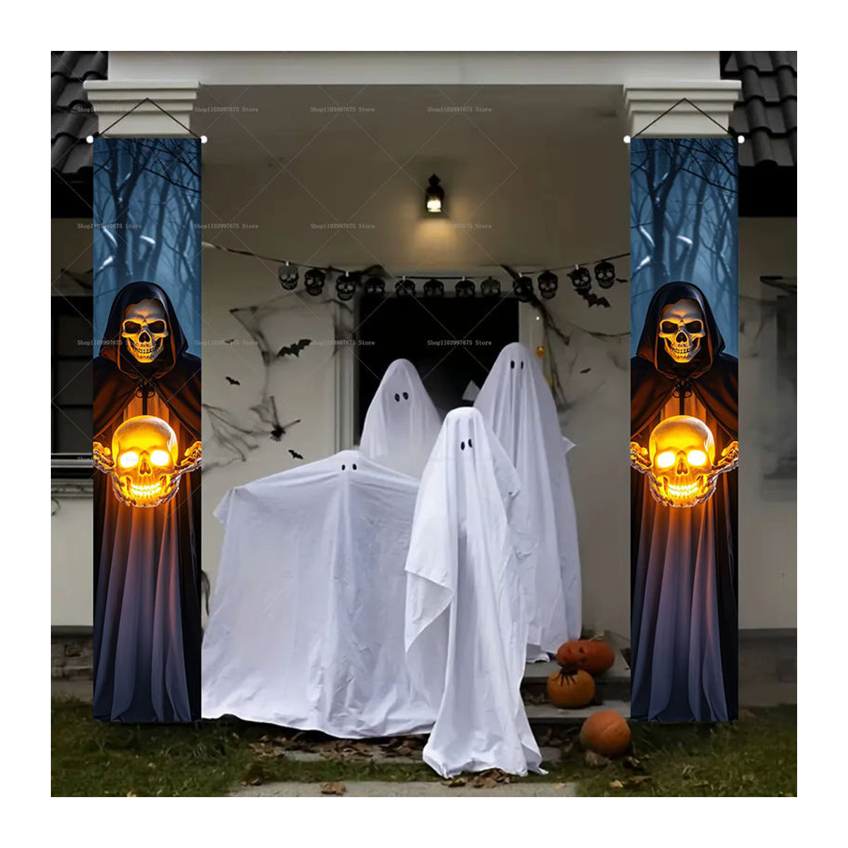 Halloween Sensenmann und Schädel Banner aus Textil für die Dekoration von Tür und Veranda, mehrfarbig, H x B: 180 x 30 cm - Bild 4