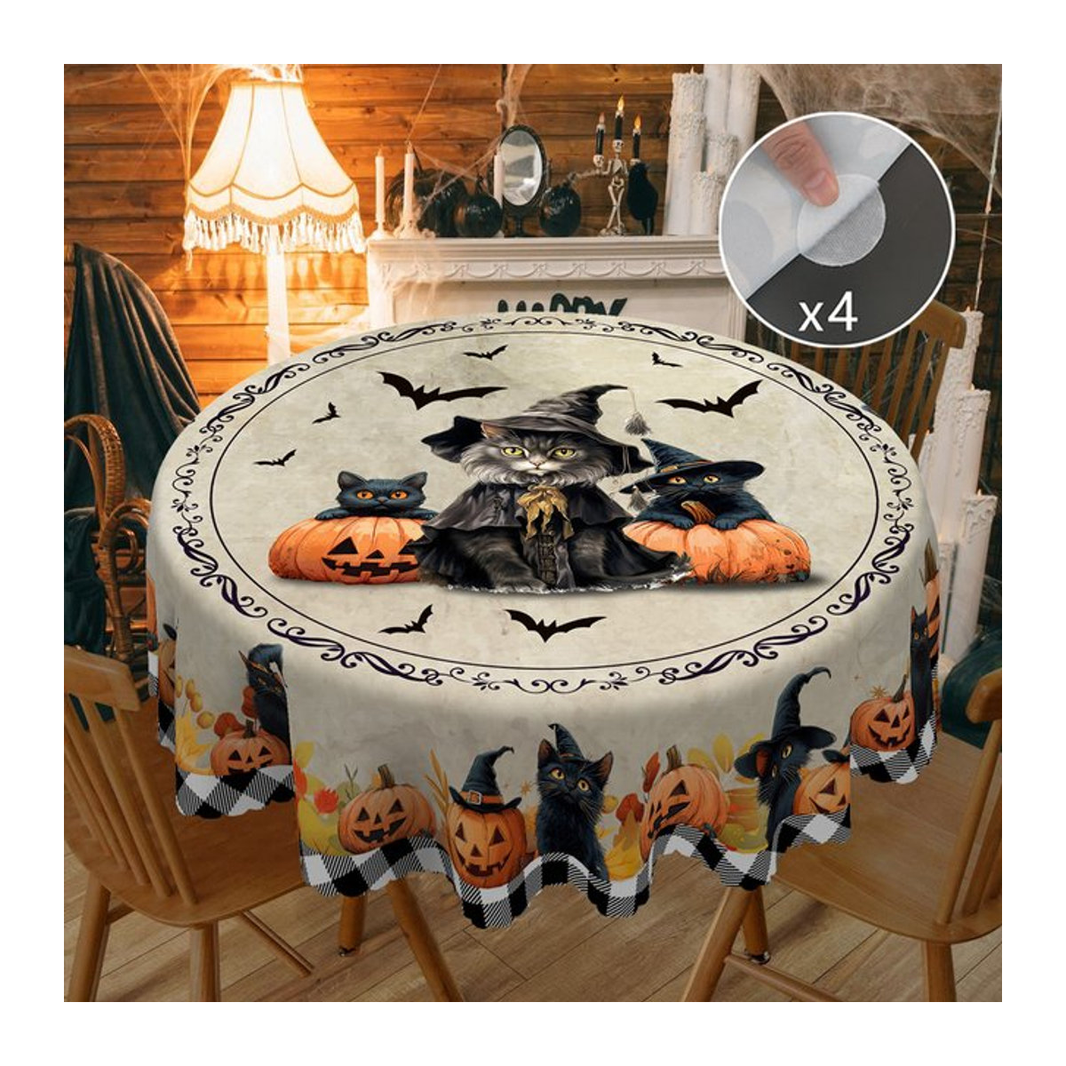 Halloween Tischdecke mit Happy-Halloween-Motiv und 4 selbstklebenden Katzenmustern in Mehrfarbig - Bild 1