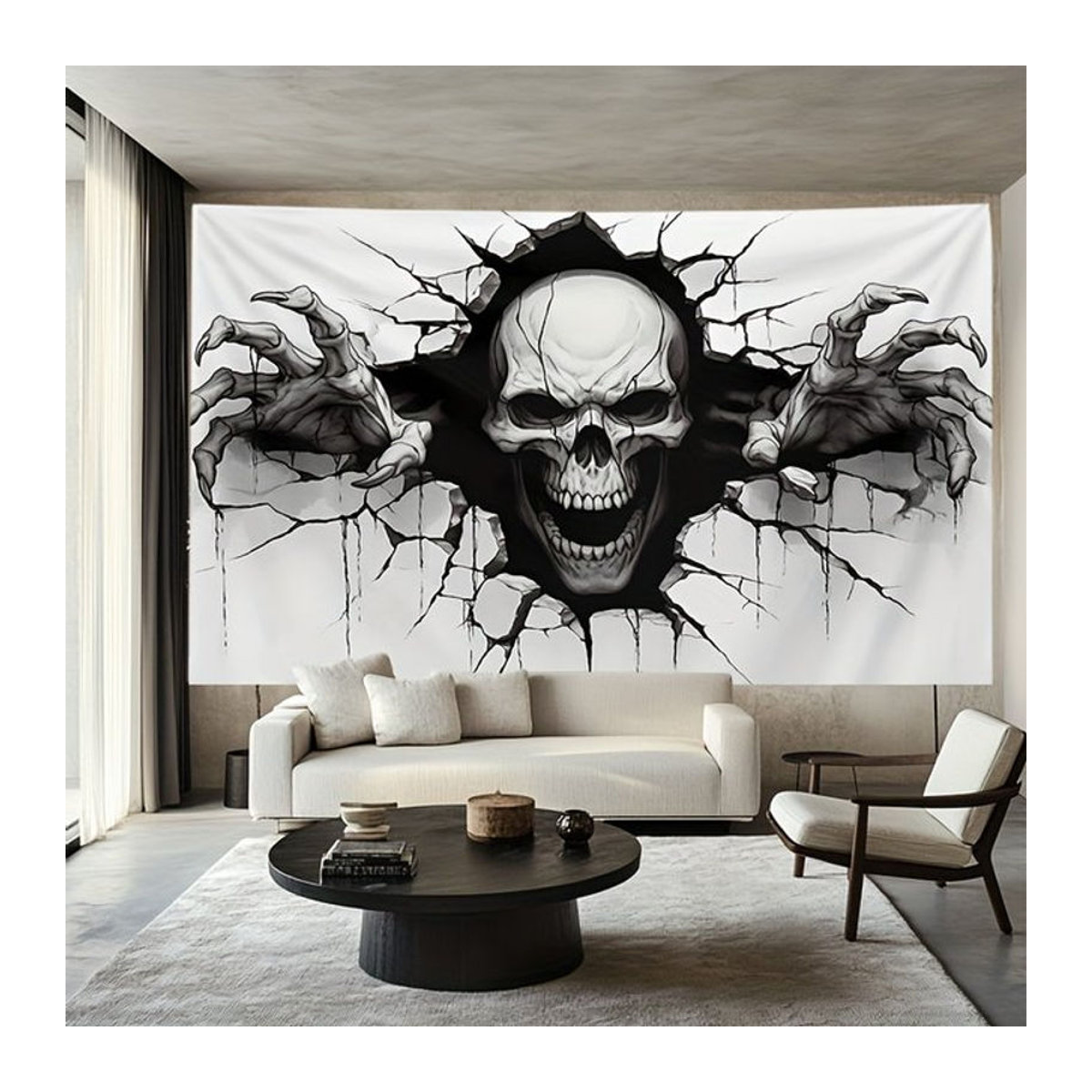 Halloween Totenkopf Wandteppich aus Polyester mit 3D-Rissdesign in Weiß, rechteckiger Wandbehang für eine gruselige Dekoration, B/H: 60 x 40 cm - Bild 1