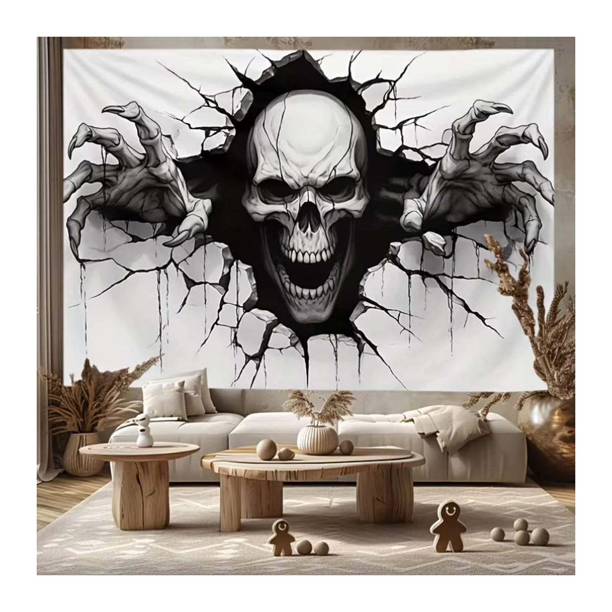 Halloween Totenkopf Wandteppich aus Polyester mit 3D-Rissdesign in Weiß, rechteckiger Wandbehang für eine gruselige Dekoration, B/H: 60 x 40 cm - Bild 2