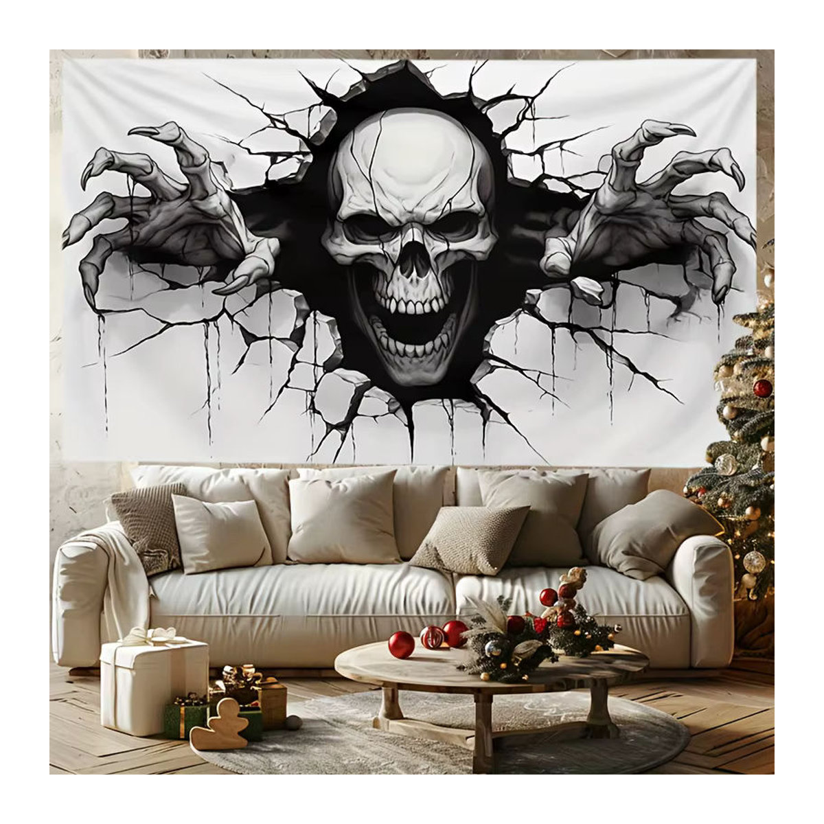 Halloween Totenkopf Wandteppich aus Polyester mit 3D-Rissdesign in Weiß, rechteckiger Wandbehang für eine gruselige Dekoration, B/H: 60 x 40 cm - Bild 3