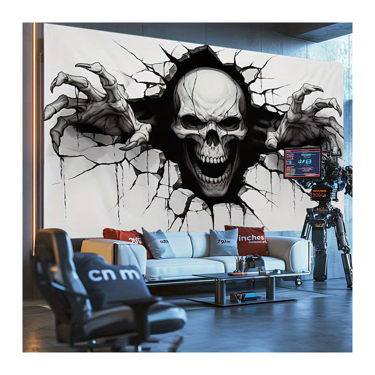 Halloween Totenkopf Wandteppich aus Polyester mit 3D-Rissdesign in Weiß, rechteckiger Wandbehang für eine gruselige Dekoration, B/H: 60 x 40 cm - Bild 4