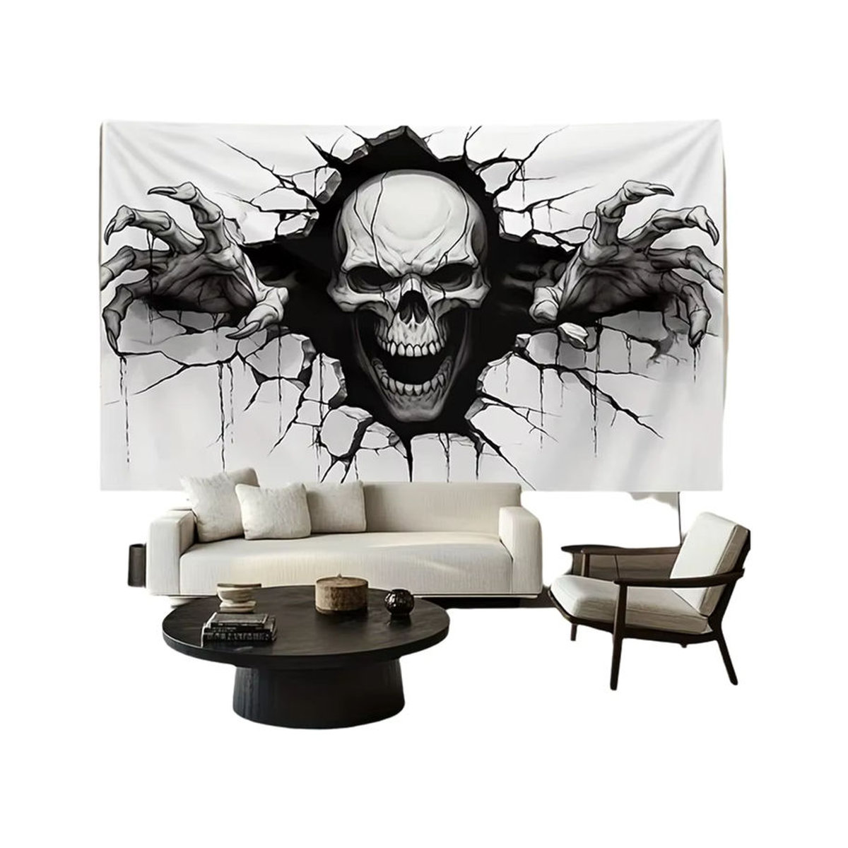 Halloween Totenkopf Wandteppich aus Polyester mit 3D-Rissdesign in Weiß, rechteckiger Wandbehang für eine gruselige Dekoration, B/H: 60 x 40 cm - Bild 5