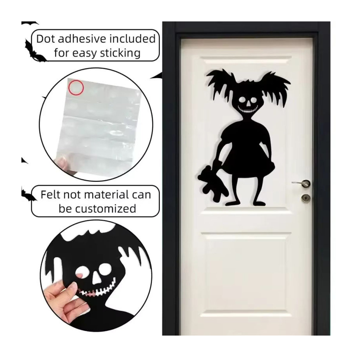 Halloween Wandaufkleber aus Filz mit Totenkopf, Kürbis und Dämonen-Motiven in Schwarz - Bild 4