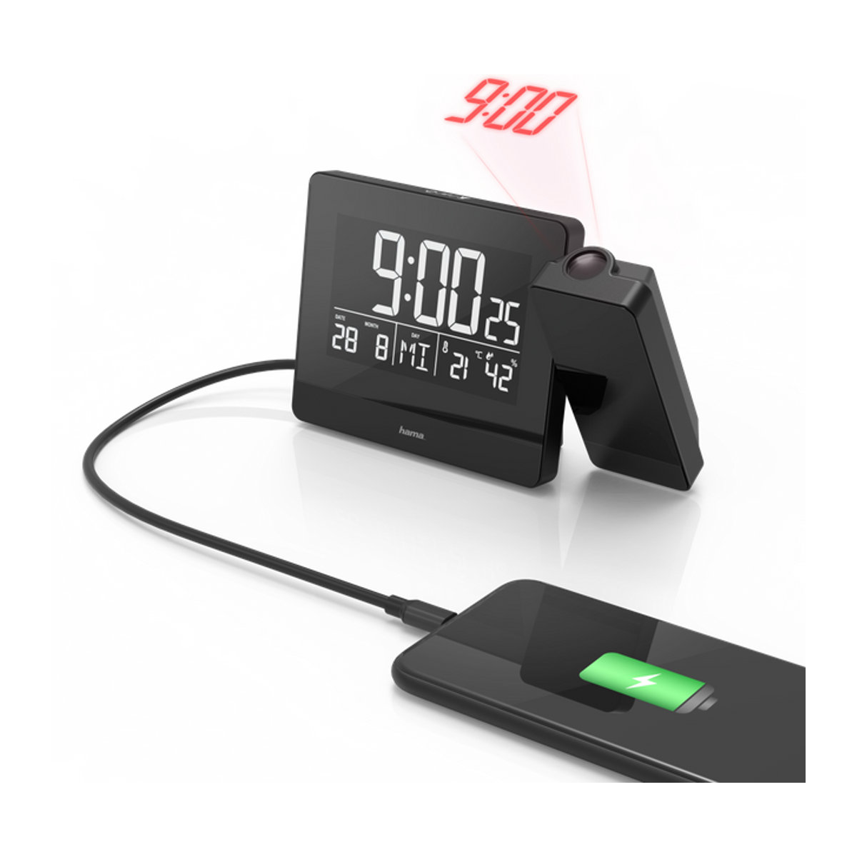 Hama Plus Charge Digitaler Projektionswecker in Schwarz mit Schlummerfunktion und Beleuchtung - Bild 2