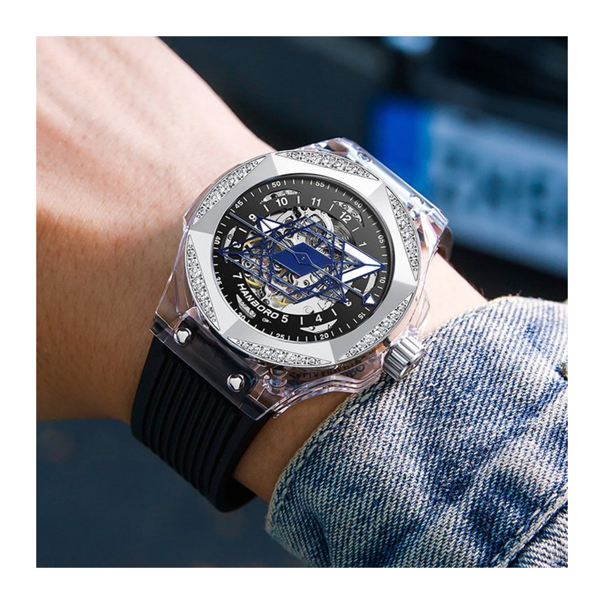 HANBORO Tattoo-Uhr mechanische Unisex Armbanduhr in Schwarz mit transparentem Design und hexagonalem Gehäuse - Bild 1