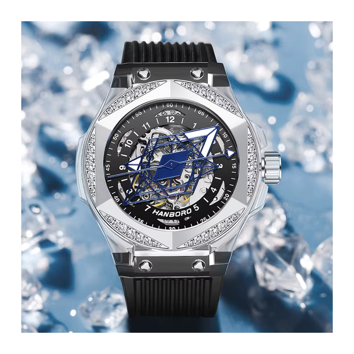 HANBORO Tattoo-Uhr mechanische Unisex Armbanduhr in Schwarz mit transparentem Design und hexagonalem Gehäuse - Bild 2