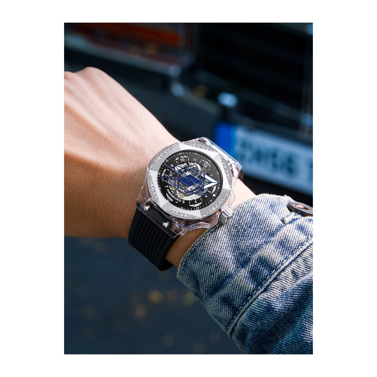 HANBORO Tattoo-Uhr mechanische Unisex Armbanduhr in Schwarz mit transparentem Design und hexagonalem Gehäuse - Bild 5