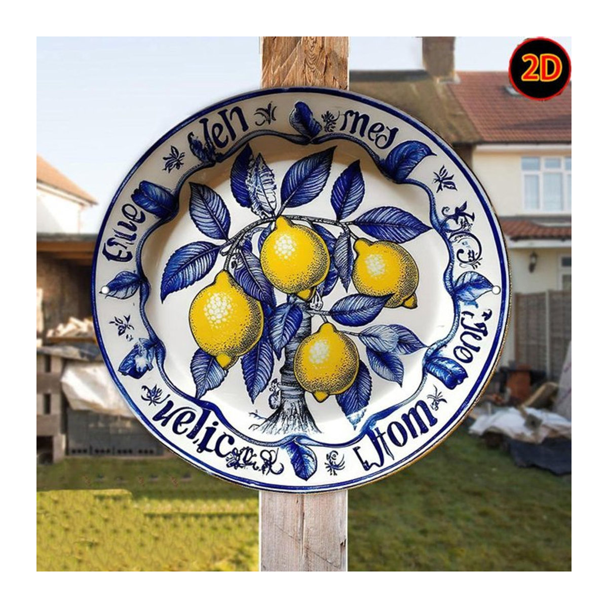 Handbemalte Aluminium Wandkunst Potdemiel mit Zitronenmuster und Blumen in Blau und Weiß, quadratisch, rustikaler Stil, 20 x 20 cm - Bild 1