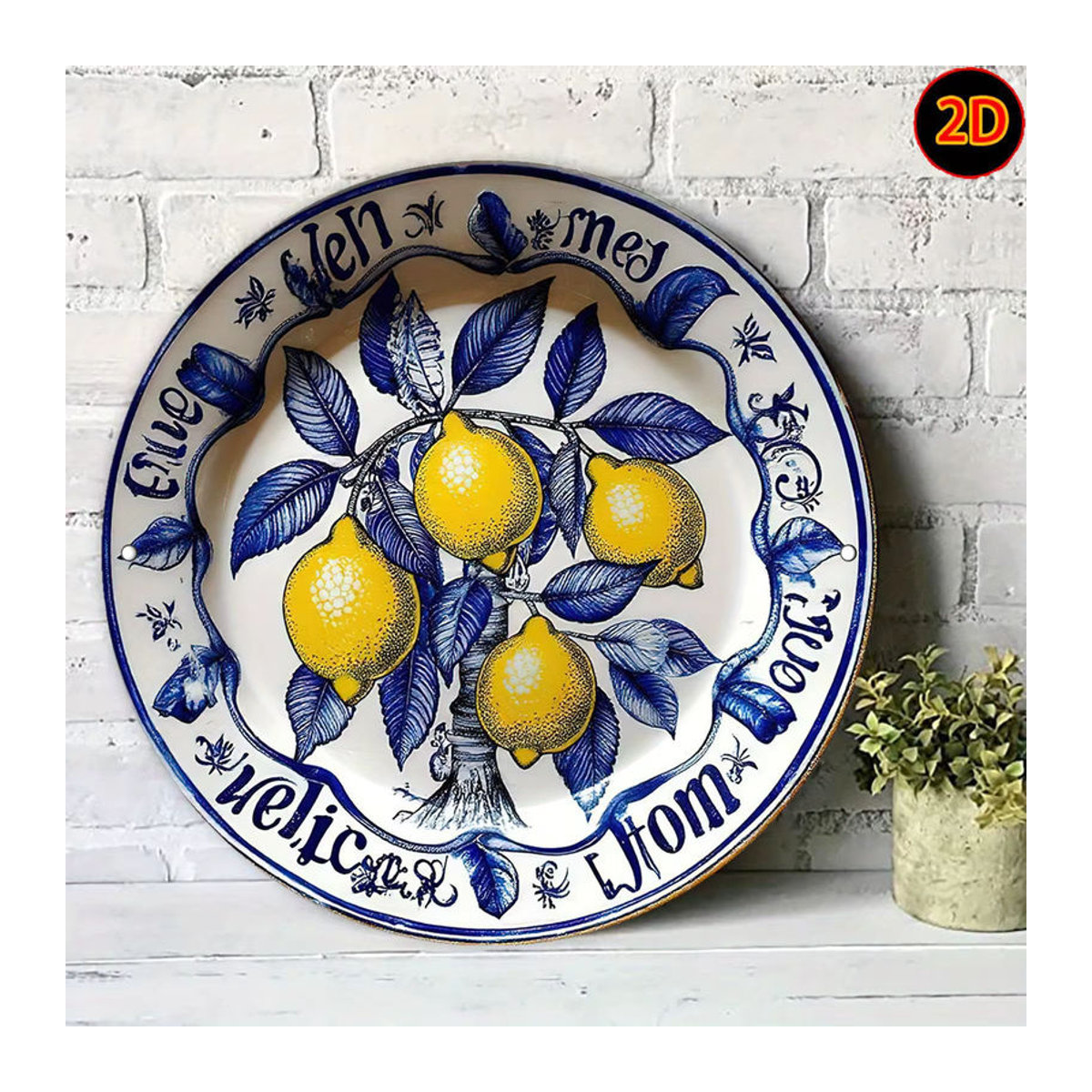 Handbemalte Aluminium Wandkunst Potdemiel mit Zitronenmuster und Blumen in Blau und Weiß, quadratisch, rustikaler Stil, 20 x 20 cm - Bild 2