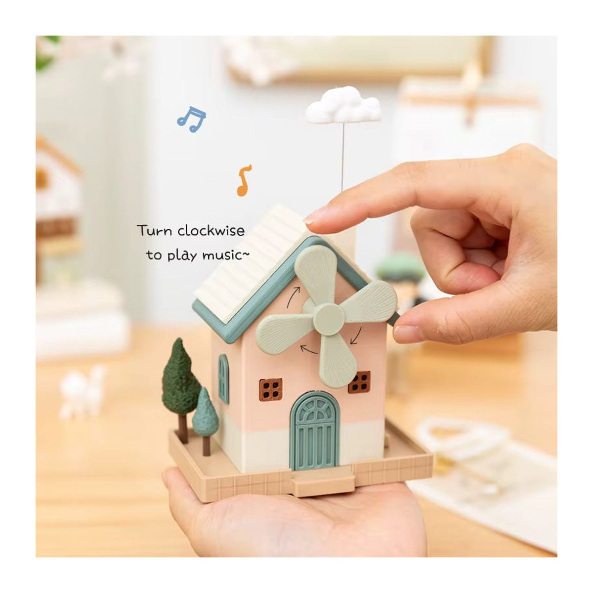 Handbetriebene Windmühlen-Spieluhr als Haus-Ornament aus Kunstharz in Mehrfarbig für deine Schreibtisch-Dekoration - Bild 2