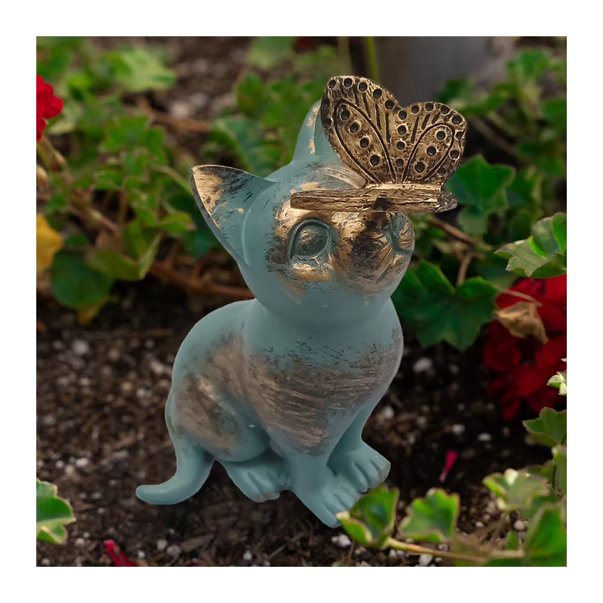 Handgefertigte Kätzchen-Statue aus Kunstharz mit Schmetterlingsornament in Grau für Garten und Heimdekoration - Bild 2