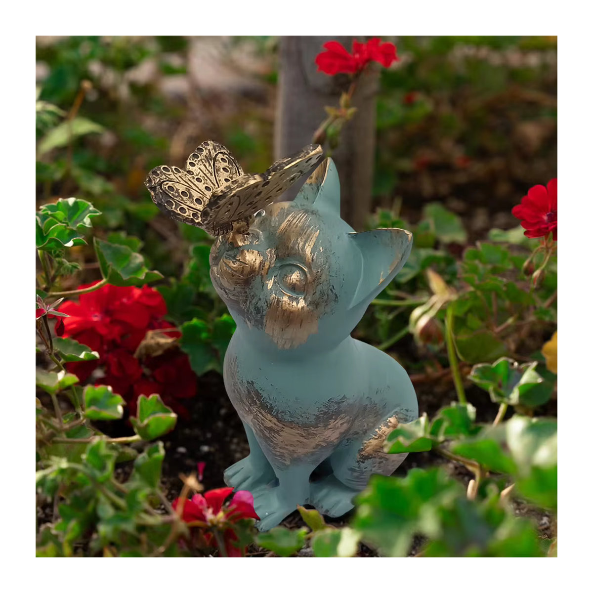 Handgefertigte Kätzchen-Statue aus Kunstharz mit Schmetterlingsornament in Grau für Garten und Heimdekoration - Bild 3