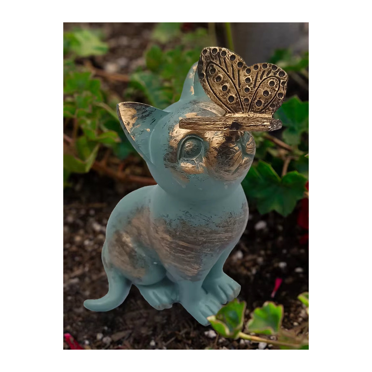 Handgefertigte Kätzchen-Statue aus Kunstharz mit Schmetterlingsornament in Grau für Garten und Heimdekoration - Bild 7