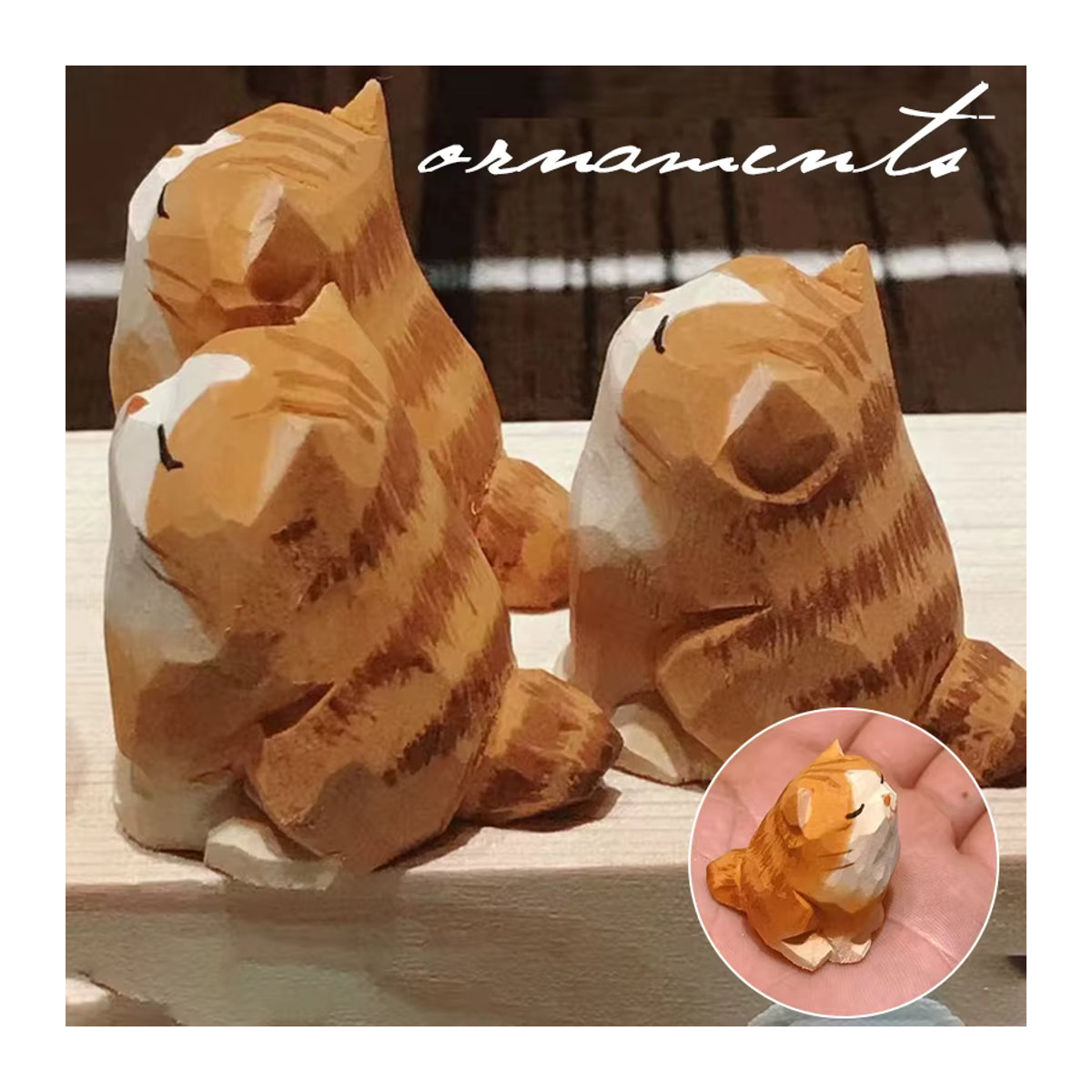Handgefertigte Katzenstatue aus Holz in Orange mit gestreiftem Muster als dekorative Miniatur-Katzenfigur für dein Zuhause oder das Büro - Bild 3