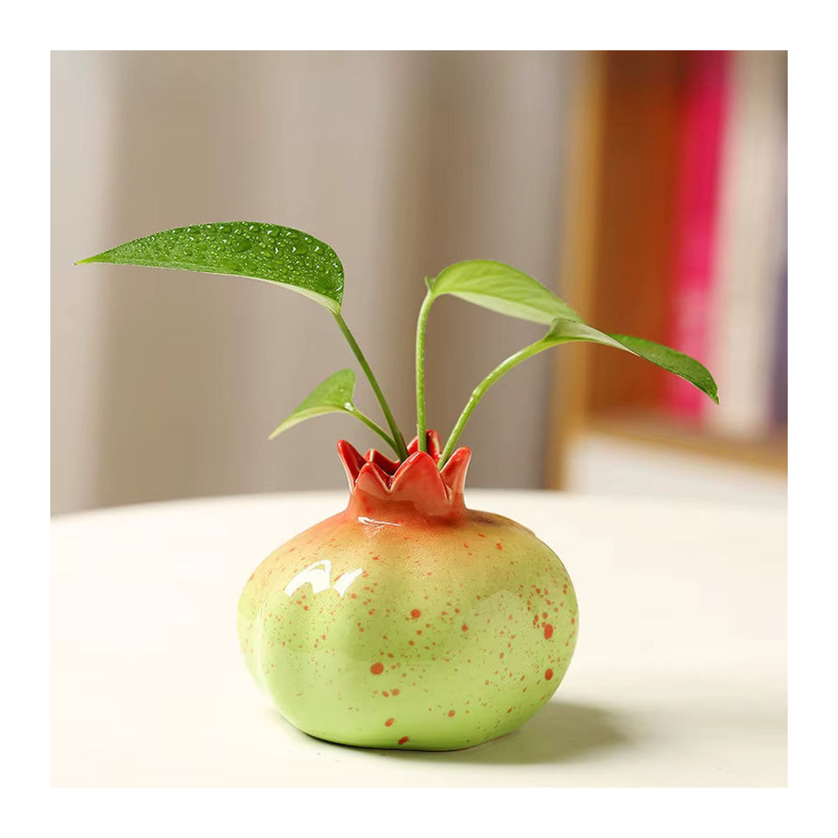Handgefertigte Keramik-Vase in Granatapfel-Design, bauchige Dekovase in Grün und Mehrfarbig für Schnittblumen - Bild 2