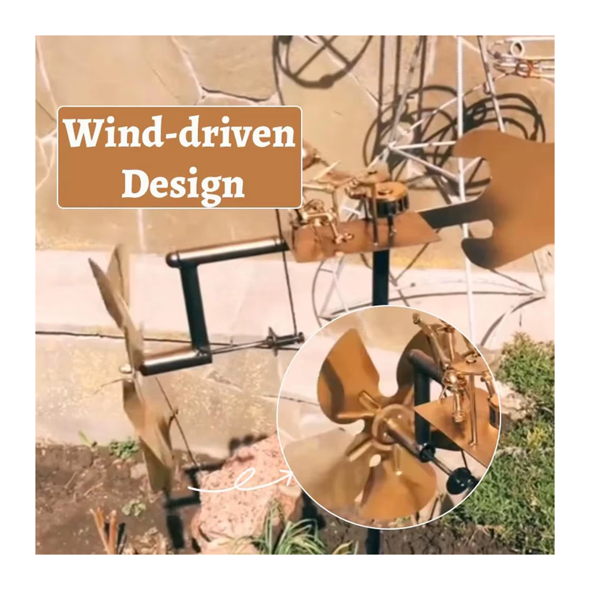 Handgefertigte Metall-Windmühle im Rockband-Design als Gartenwindspiel für Hof, Rasen und Terrasse in Grau und Gold - Bild 4