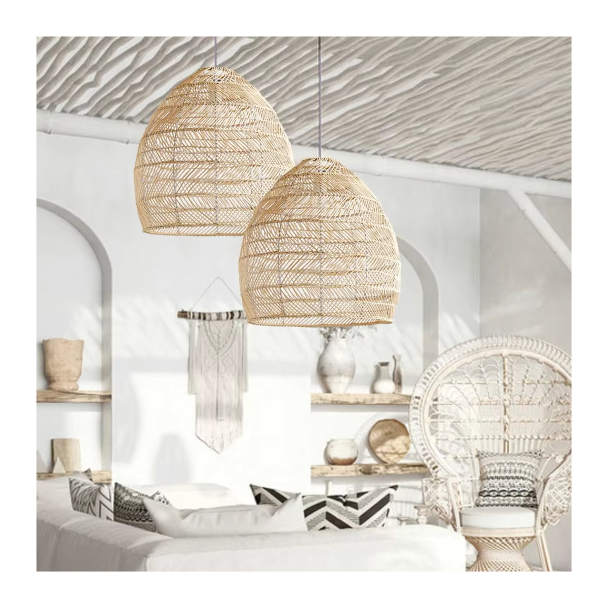 Handgefertigte Rattan Pendelleuchte von JOYINLED in Braun im Bohemian Stil für Wohnzimmer, Esszimmer oder die Kücheninsel - Bild 2