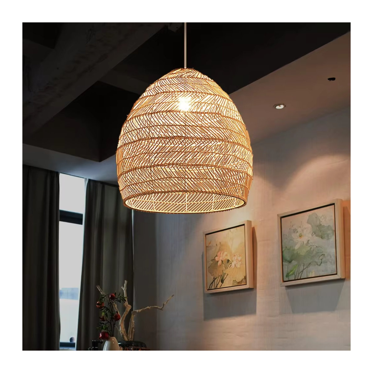 Handgefertigte Rattan Pendelleuchte von JOYINLED in Braun im Bohemian Stil für Wohnzimmer, Esszimmer oder die Kücheninsel - Bild 3