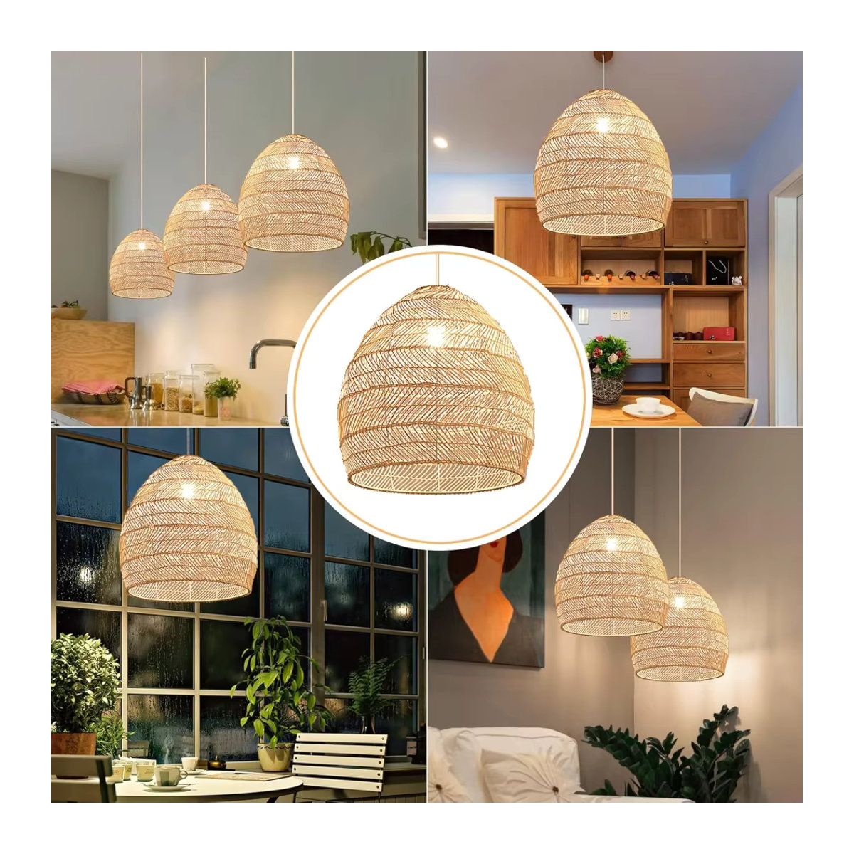 Handgefertigte Rattan Pendelleuchte von JOYINLED in Braun im Bohemian Stil für Wohnzimmer, Esszimmer oder die Kücheninsel - Bild 4