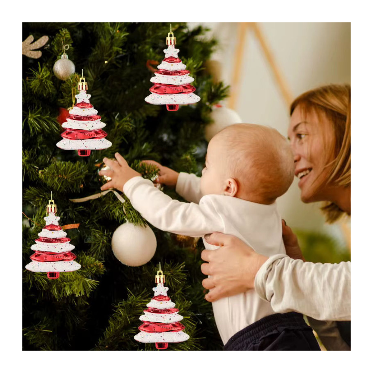 Handgefertigte Weihnachtskugel aus Glas in Form eines Kuchenbaums, mehrfarbig und rot gestreift, als Hängeornament für deine Weihnachtsdekoration - Bild 4