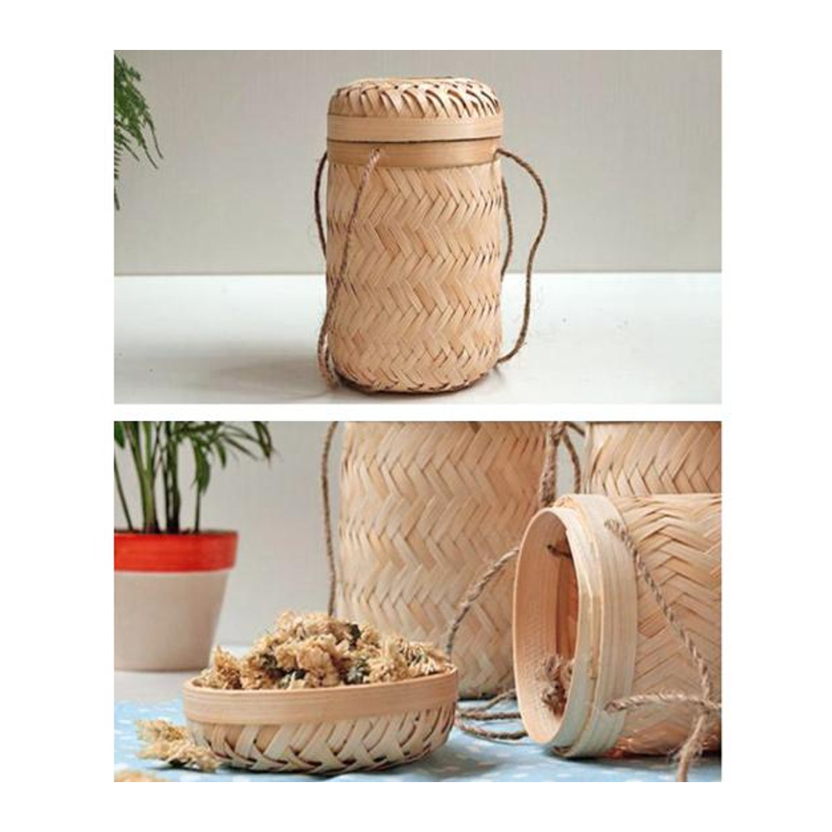 Handgefertigter Aufbewahrungskorb aus Rattan mit Deckel in Beige, quadratisch und rustikal, B/T/H: 20 x 20 cm - Bild 4