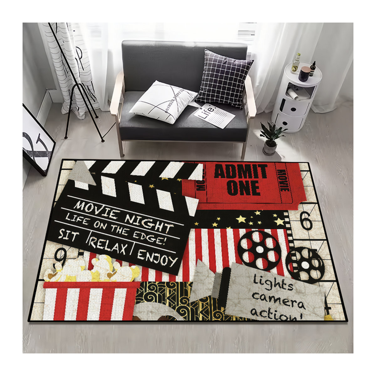 Handgefertigter getufteter Teppich im Retro-Mode-Tickets-Design, mehrfarbig und rutschfest für Wohnzimmer, Küche oder Schlafzimmer - Bild 1