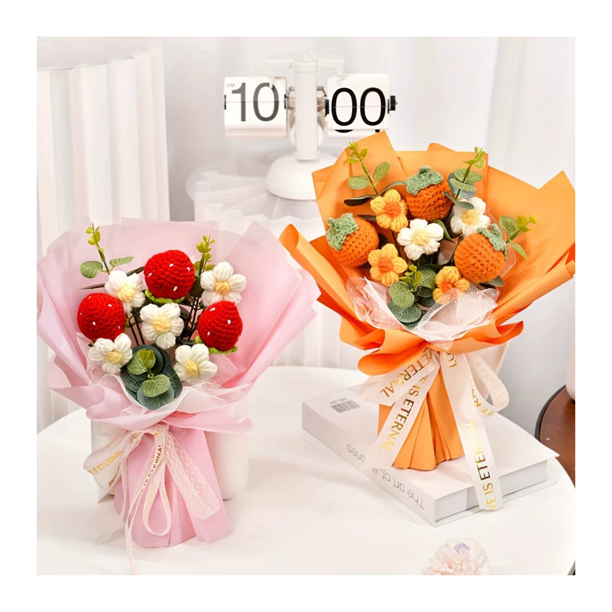 Handgefertigter Häkelblumenstrauß aus Textil in Mehrfarbig und Rosa als künstlicher Blumenstrauß zur Dekoration - Bild 4