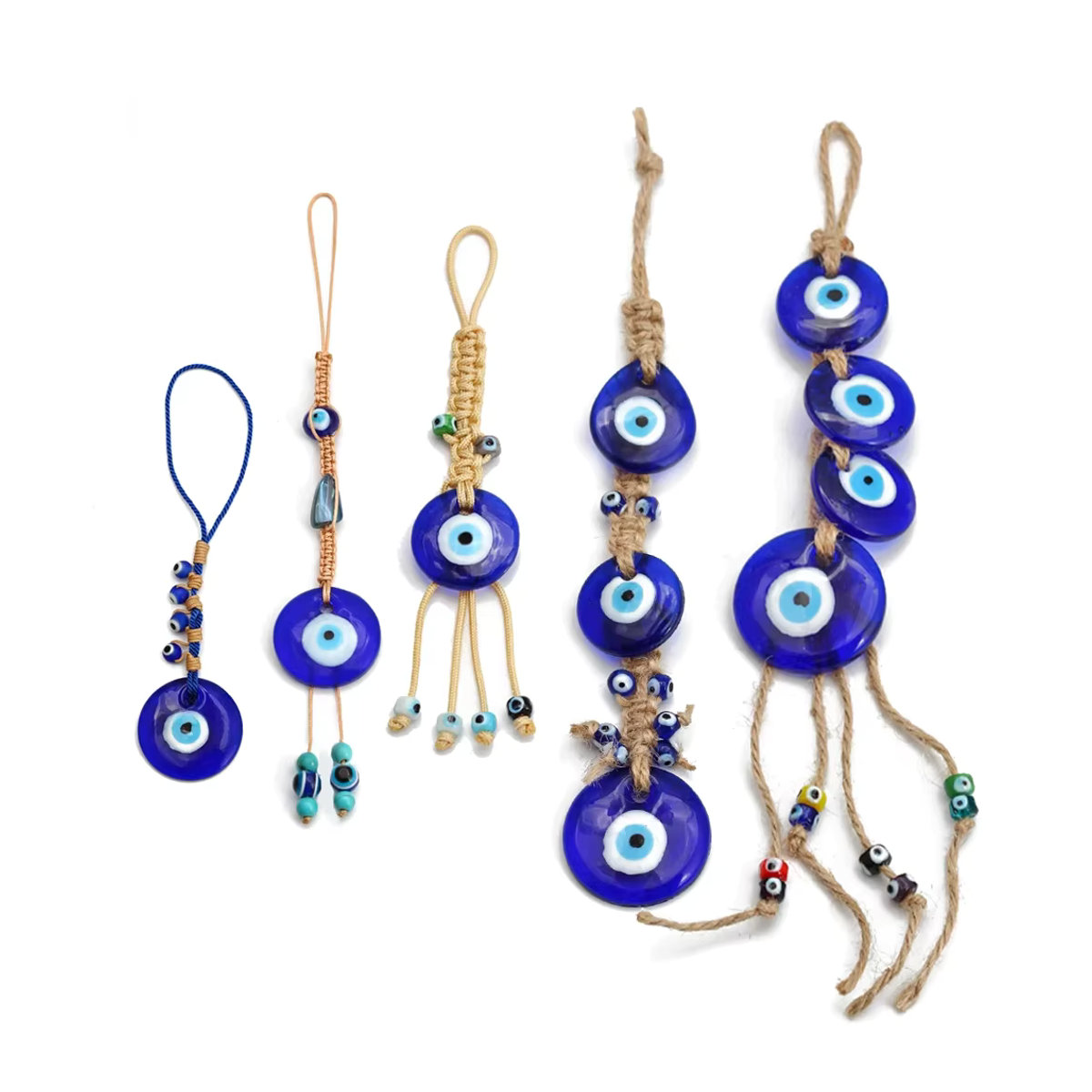 Handgefertigter Lucky Eye Wandbehang aus Makramee und Glas in Blau mit Herz und Kreuz Motiven - Bild 5
