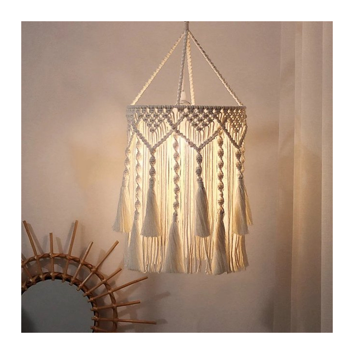 Handgefertigter Makramee-Lichtschirm in Beige aus Baumwolle im Bohemian-Stil für deine Hängelampe - Bild 1