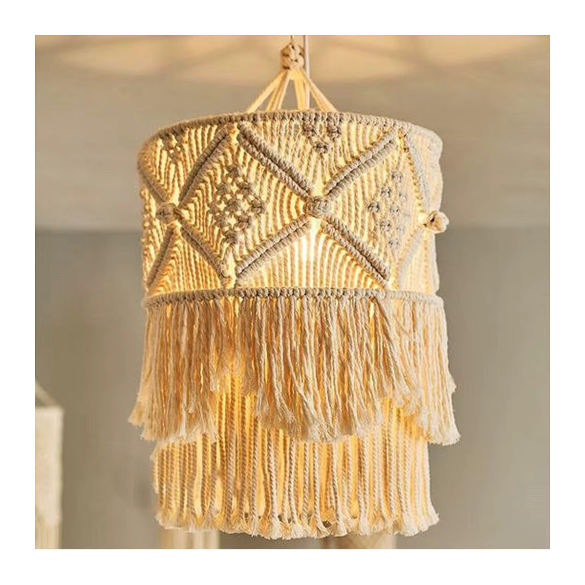Handgefertigter Makramee-Lichtschirm in Beige aus Baumwolle im Bohemian-Stil für deine Hängelampe - Bild 2