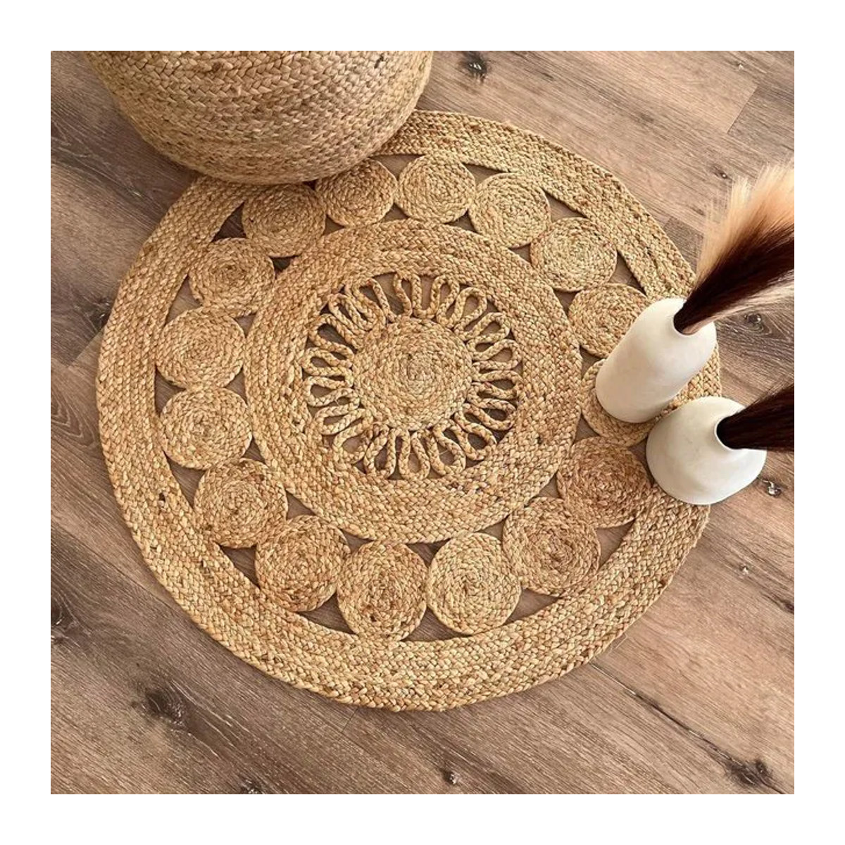 Handgefertigter runder Jute-Teppich von King of the Jute Rugs in Beige, Durchmesser: 90 cm - Bild 1