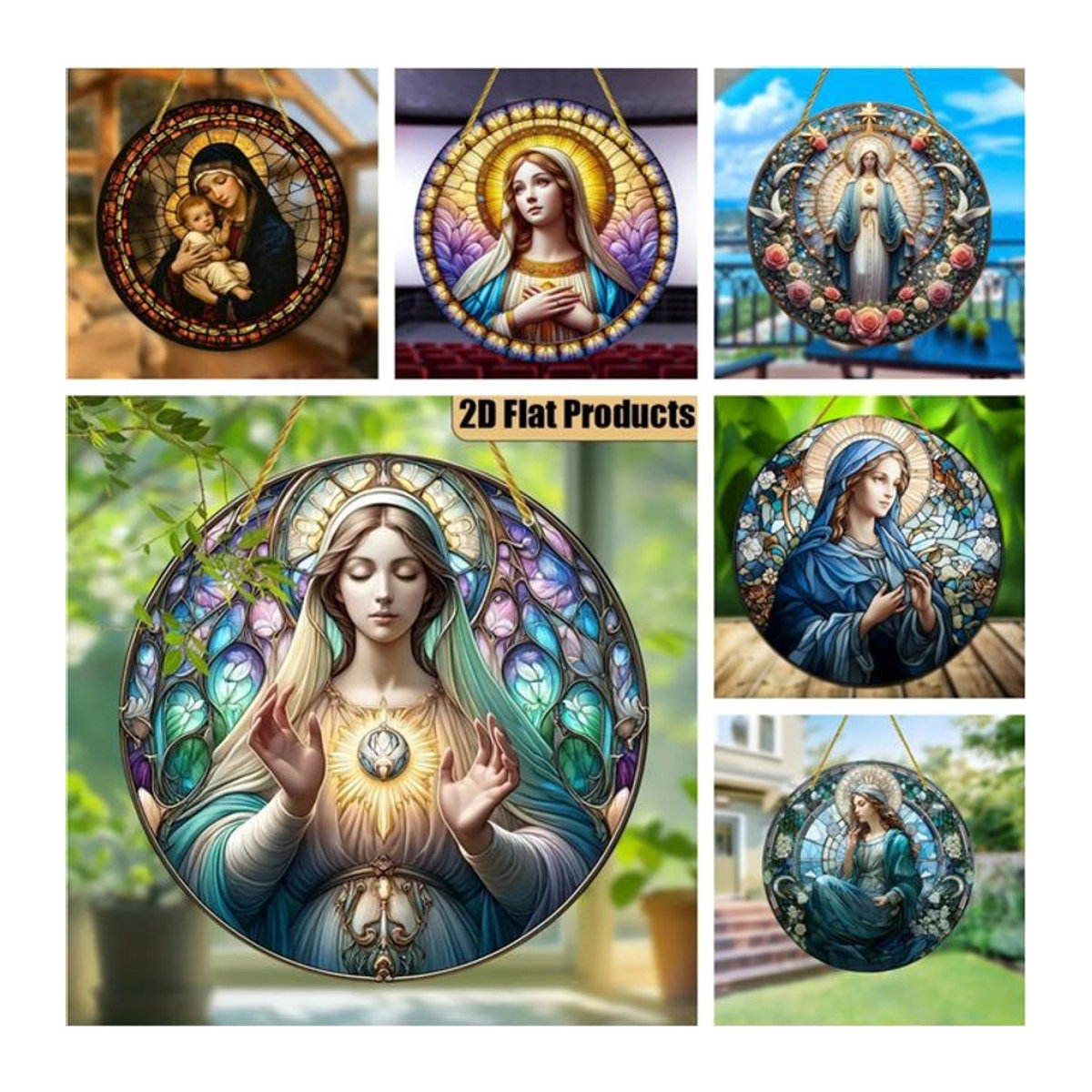 Handgefertigter Sonnenfänger mit Jungfrau Maria Porträt im Bohemian Stil, mehrfarbiger Wandbehang aus Acryl mit floralem Design - Bild 1