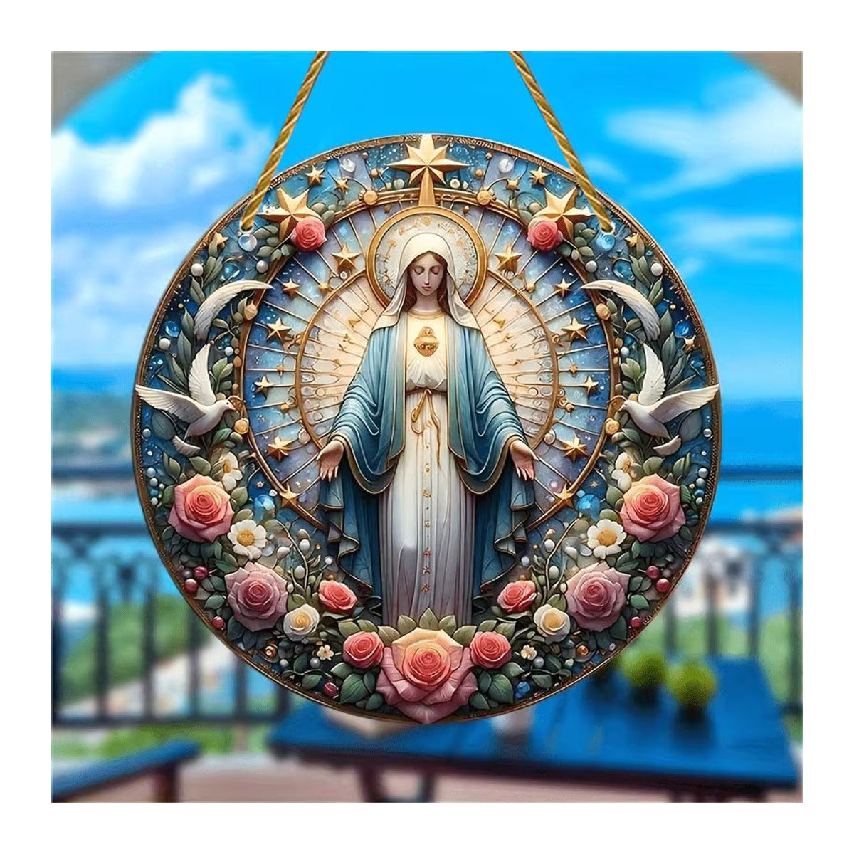 Handgefertigter Sonnenfänger mit Jungfrau Maria Porträt im Bohemian Stil, mehrfarbiger Wandbehang aus Acryl mit floralem Design - Bild 3