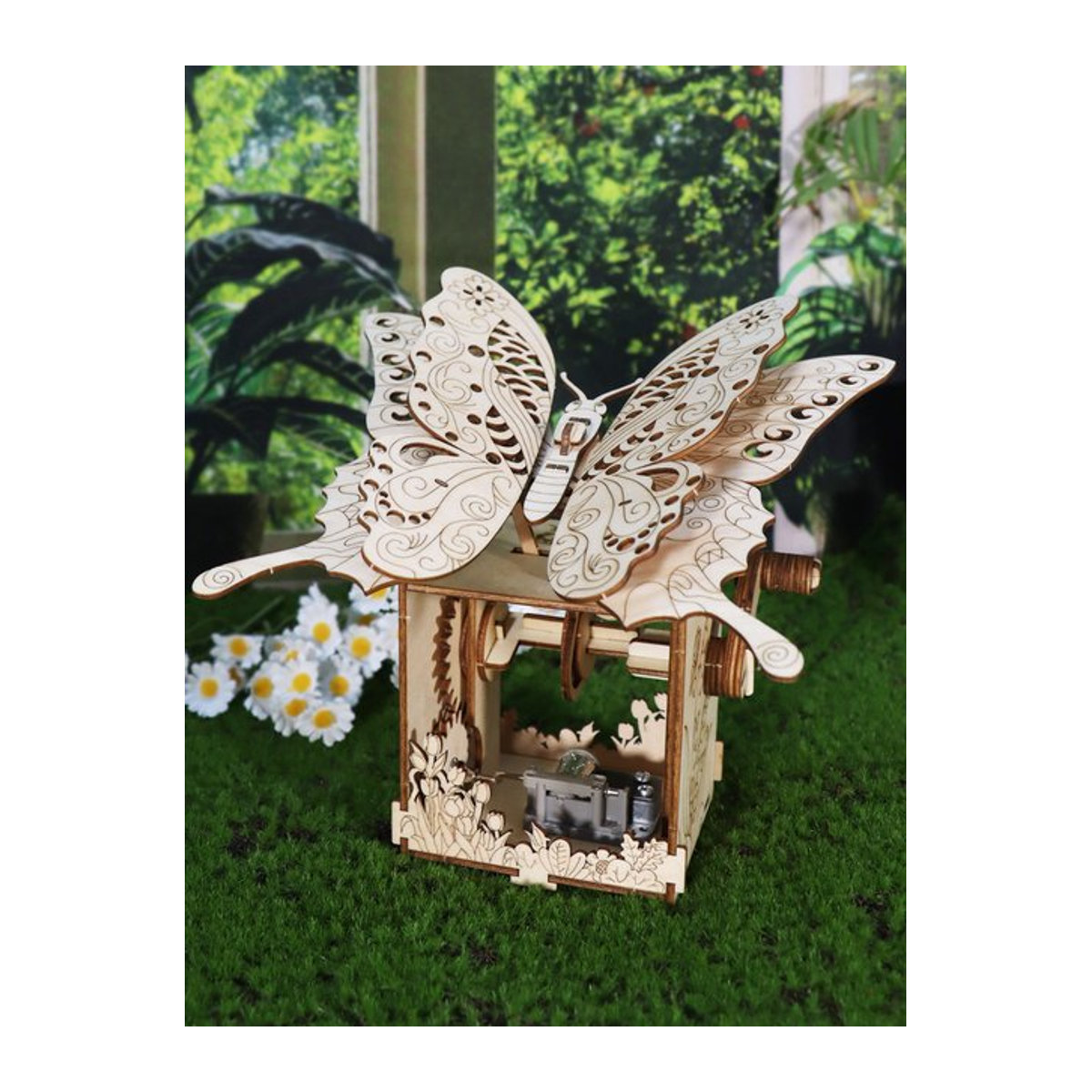 Handgefertigtes 3D-Holzpuzzle von Music Park als Schmetterling-Spieluhr mit You Are My Sunshine Motiv in Beige - Bild 1