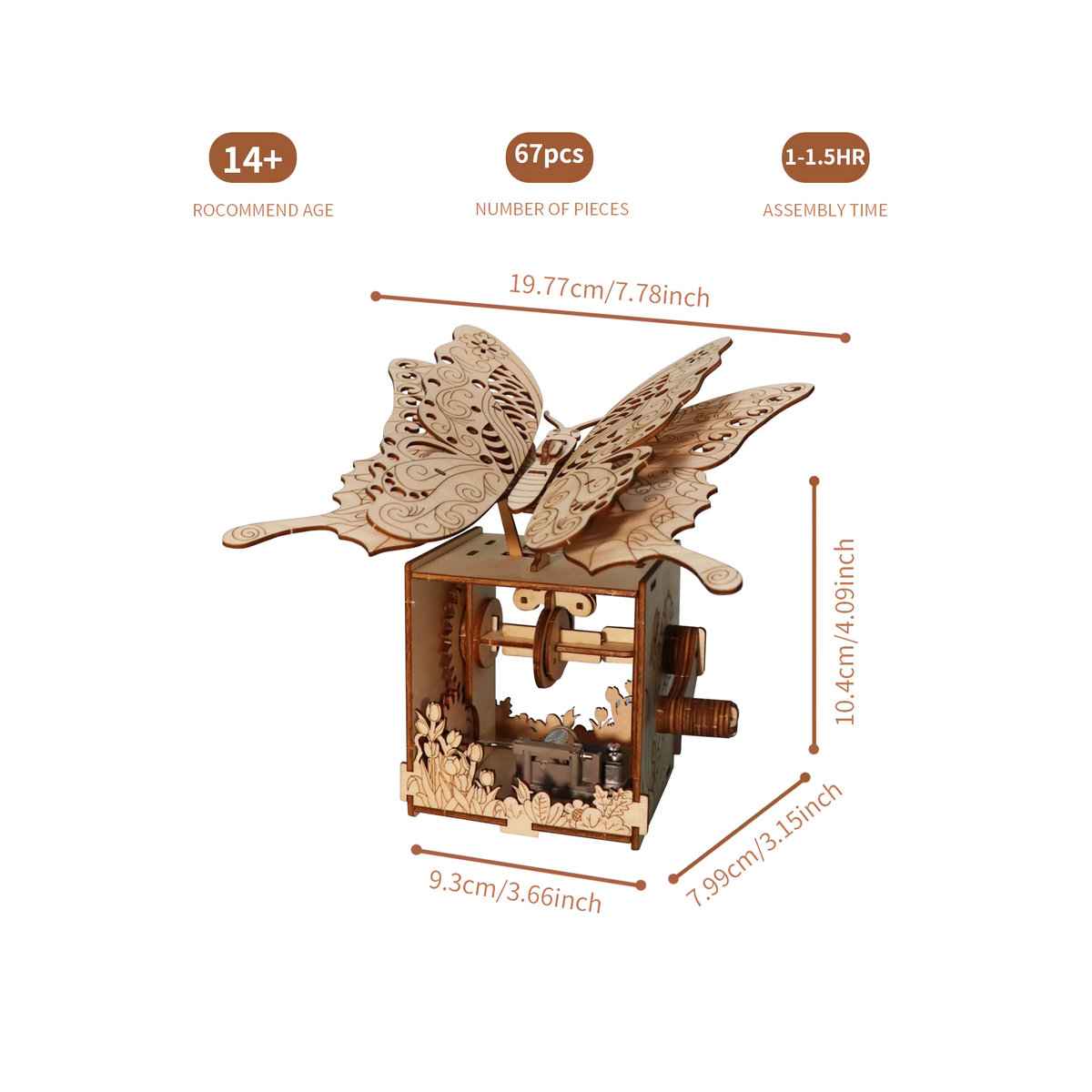 Handgefertigtes 3D-Holzpuzzle von Music Park als Schmetterling-Spieluhr mit You Are My Sunshine Motiv in Beige - Bild 2
