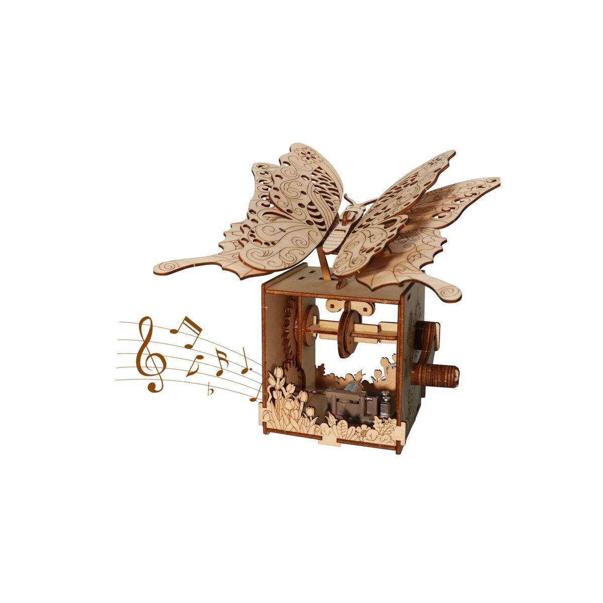 Handgefertigtes 3D-Holzpuzzle von Music Park als Schmetterling-Spieluhr mit You Are My Sunshine Motiv in Beige - Bild 3